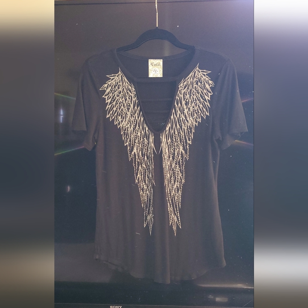 Vocal Black Tee with Silver Wing Design